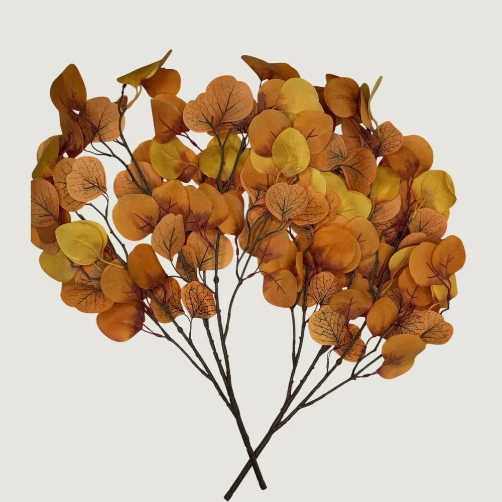 Faux Round Leaf Bush Fall Autumn Orange Yellow Eucalyptus Style Floral Decor